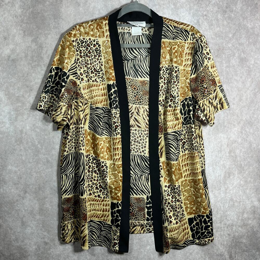 Vintage Lady Dorby Kimono Top Womens 20W Brown Animal‎ Print Sequins Open Front